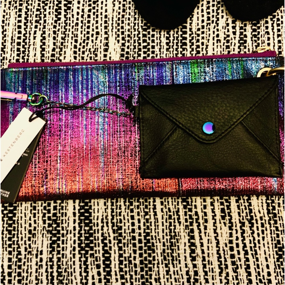 Aimee Kestenberg Black Leather with Rainbow Metallic hardware Card and Coin Case